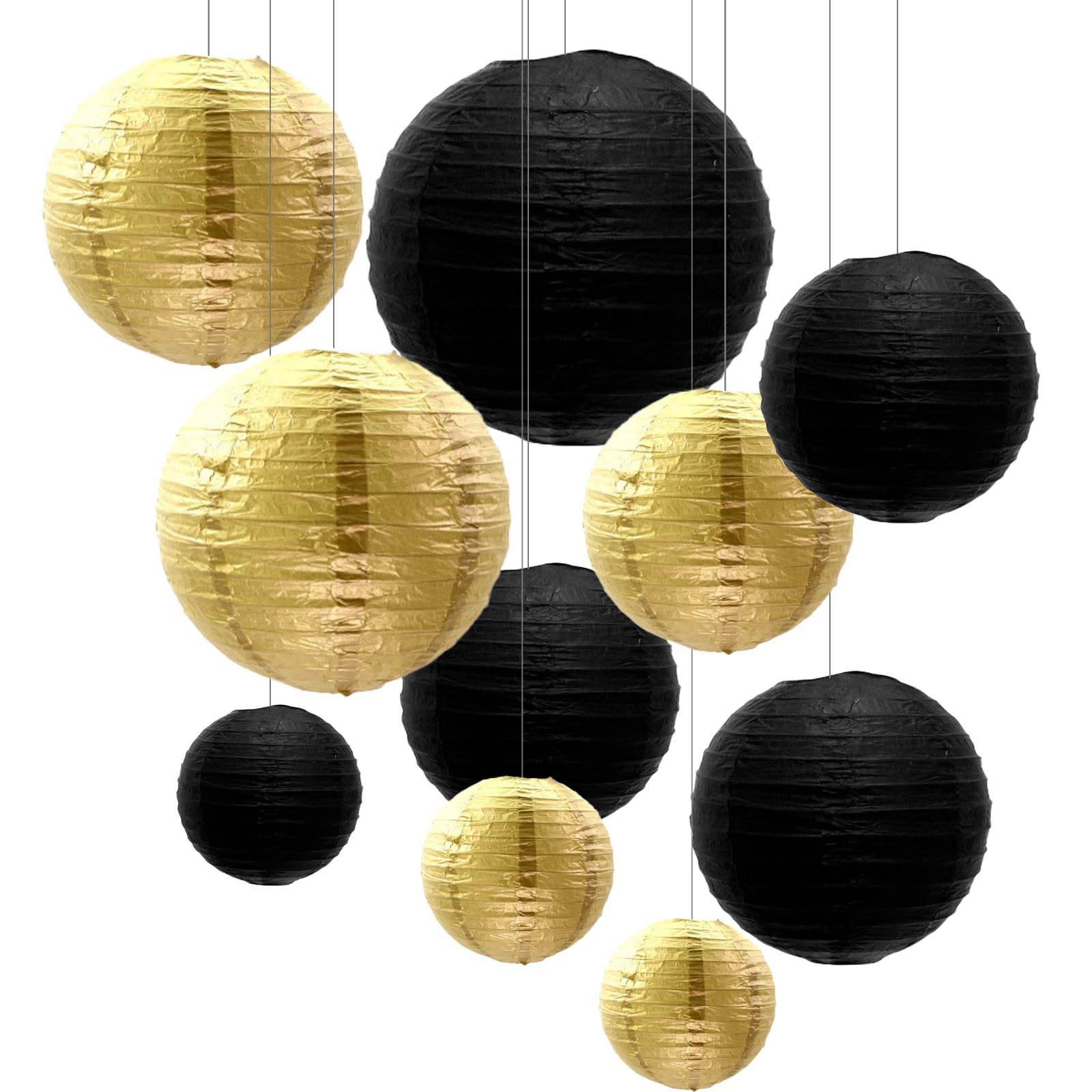 ZYOOO 10pcs Round Hanging Paper Lanterns – Black & Gold Party Decor
