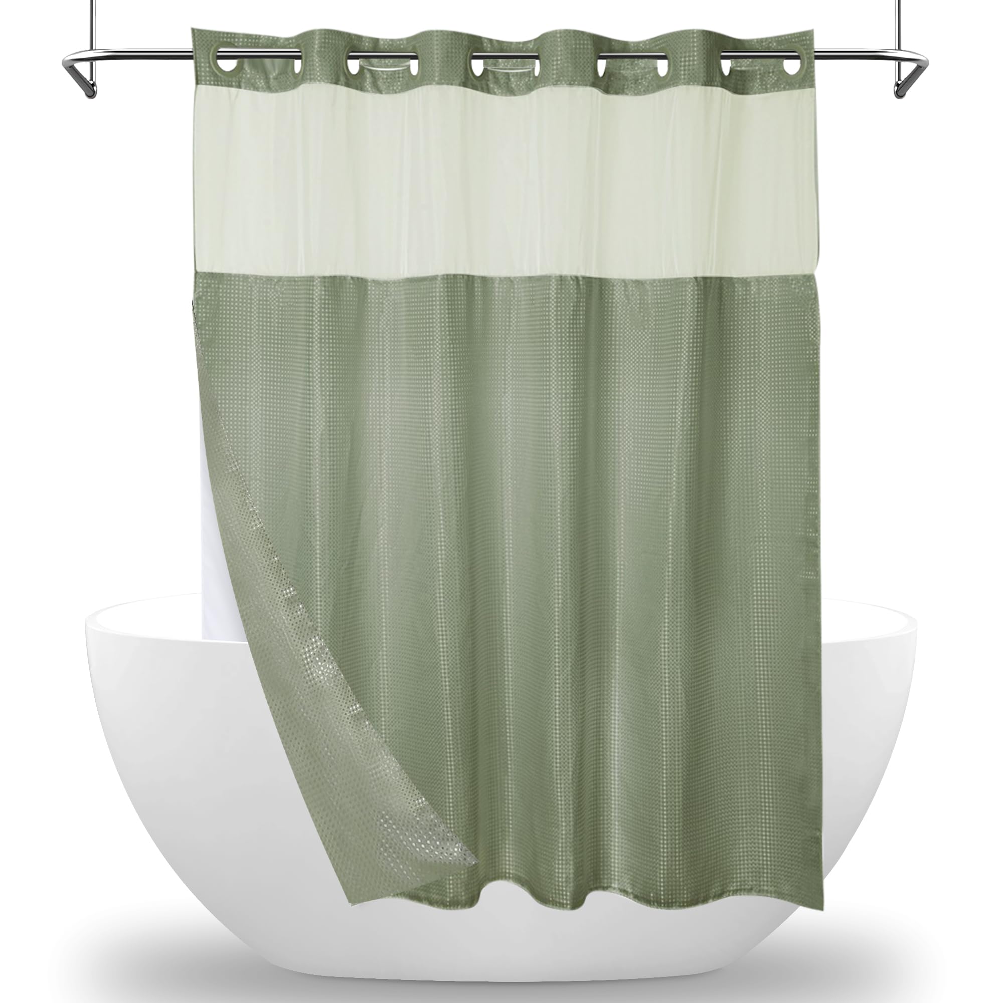 MEKOTRIN Hookless Waffle Shower Curtain with Snap-on Liner - Green