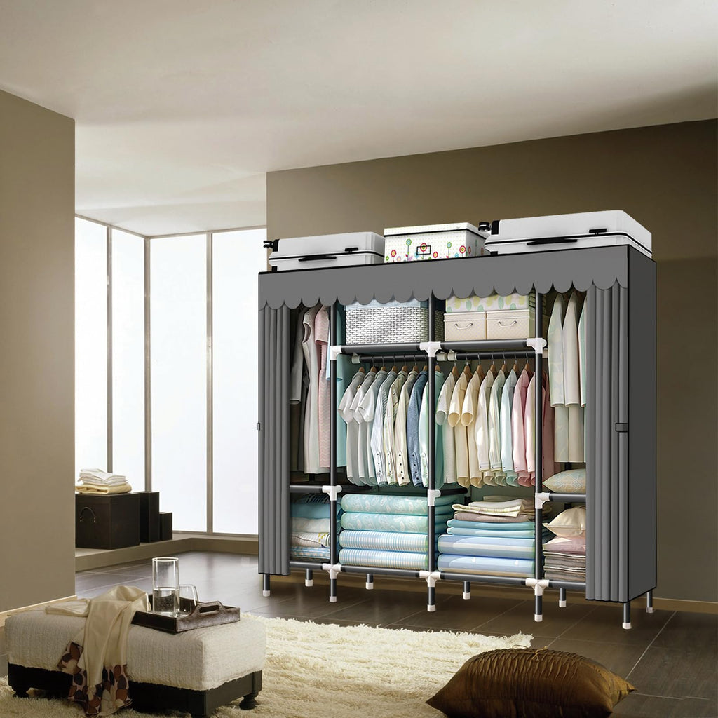 HESMENO Portable Wardrobe – Large Steel Frame Clothes Closet, Grey