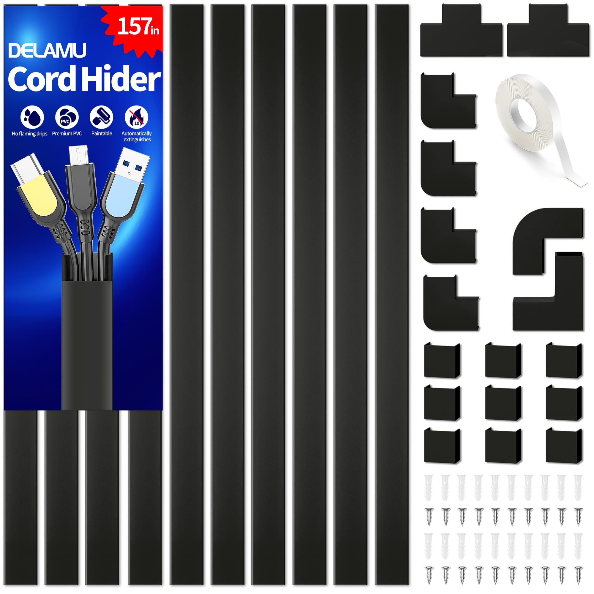 Delamu Electric Cable Trunking – 4M Self Adhesive Wire Hider, Black