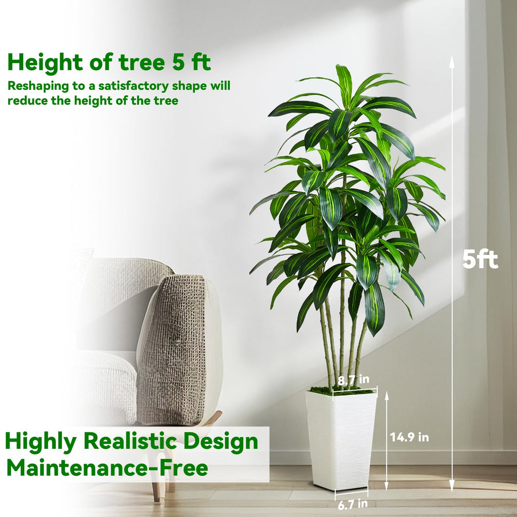 Jolof Store 5FT Artificial Dracaena Tree with White Tall Planter