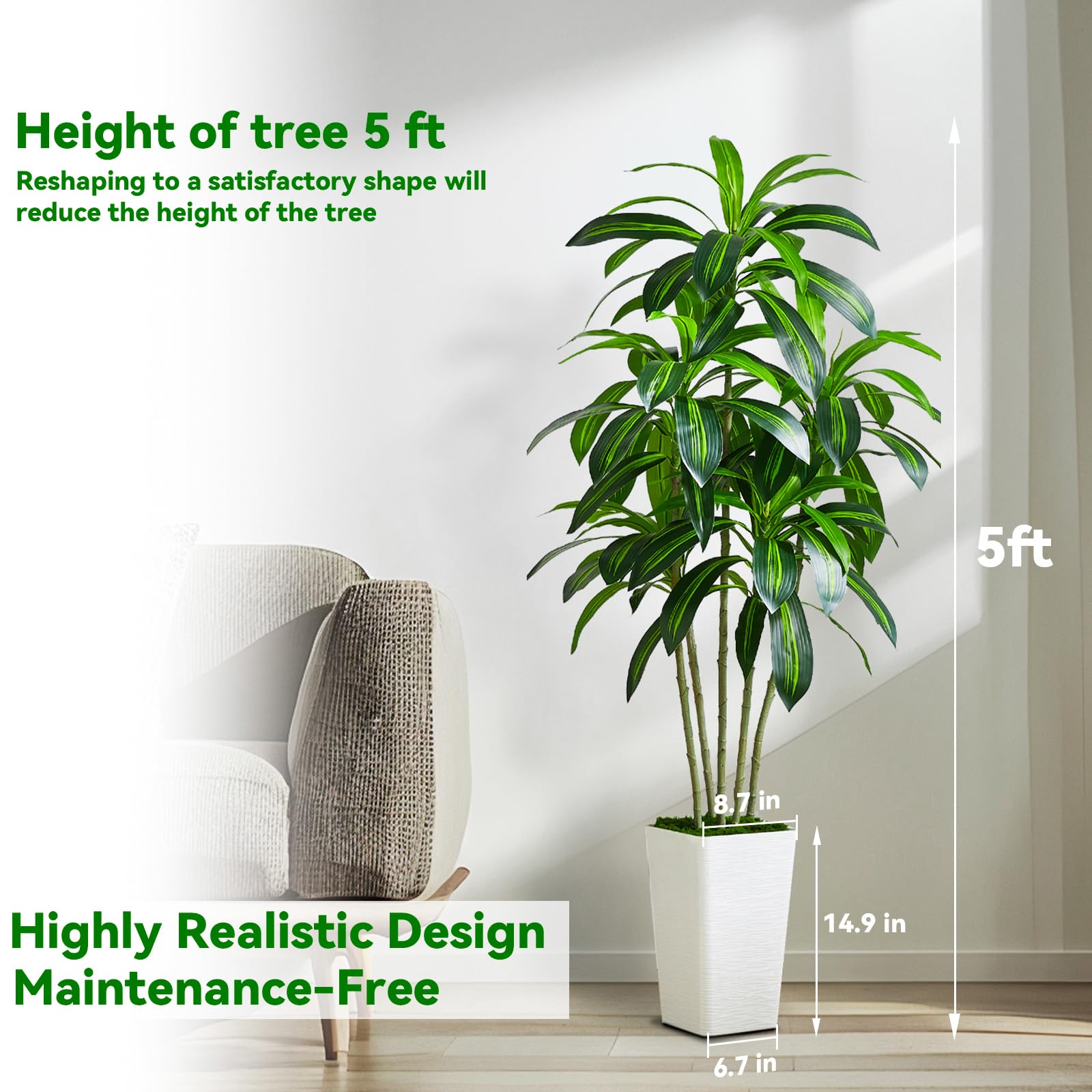 Jolof Store 5FT Artificial Dracaena Tree with White Tall Planter