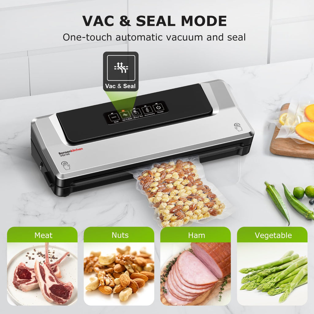 Bonsenkitchen Vacuum Sealer Machine with 40 Bags for Sous Vide - Silver