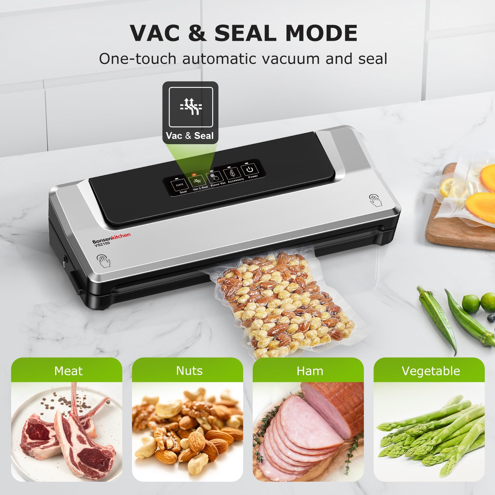 Bonsenkitchen Vacuum Sealer Machine with 40 Bags for Sous Vide - Silver
