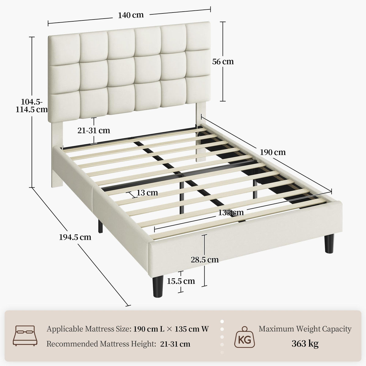 Yaheetech 4ft6 Double Bed Frame, Upholstered Headboard, Beige - image 2