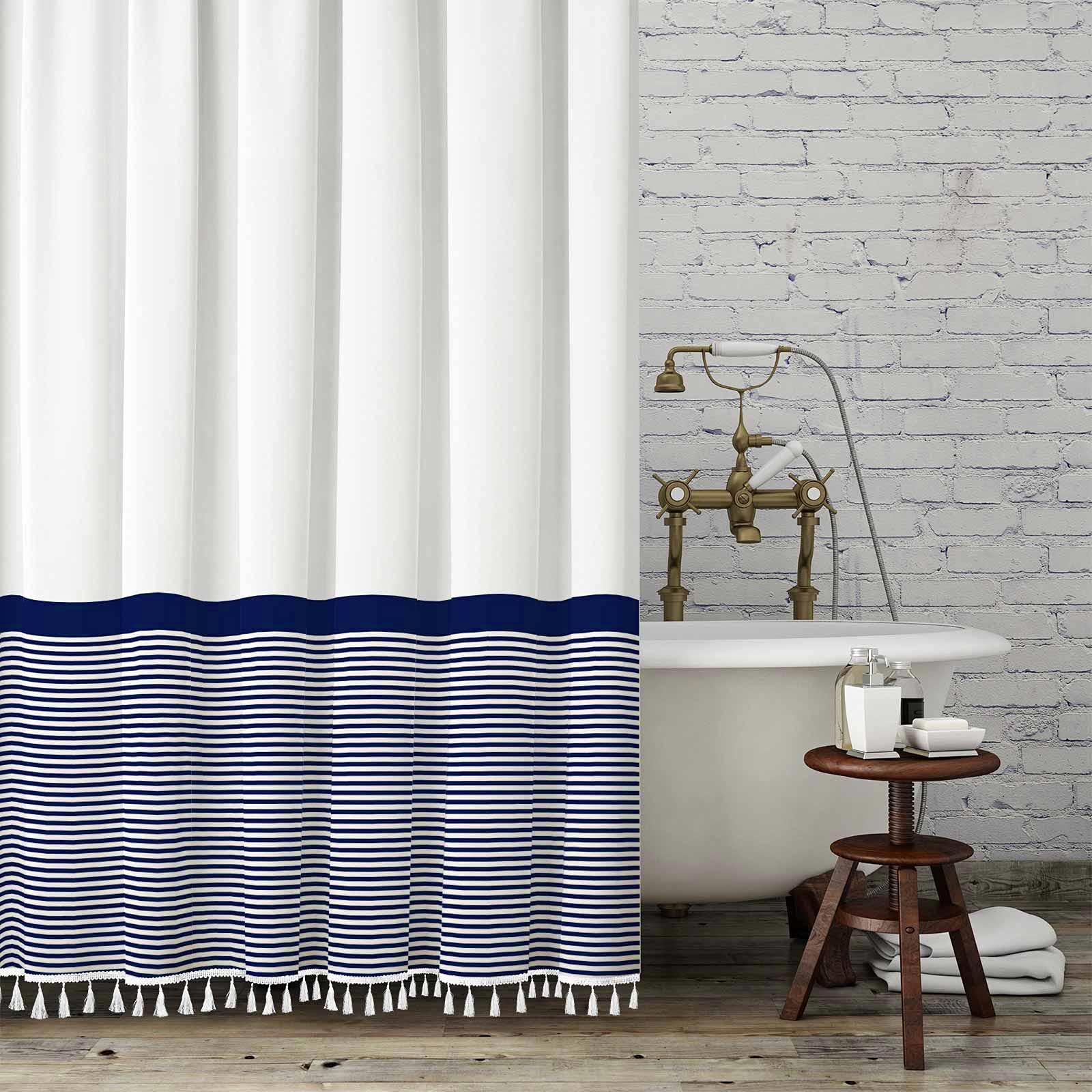 Seasonwood Extra Long Striped Shower Curtain | White & Blue Tassel, 96"