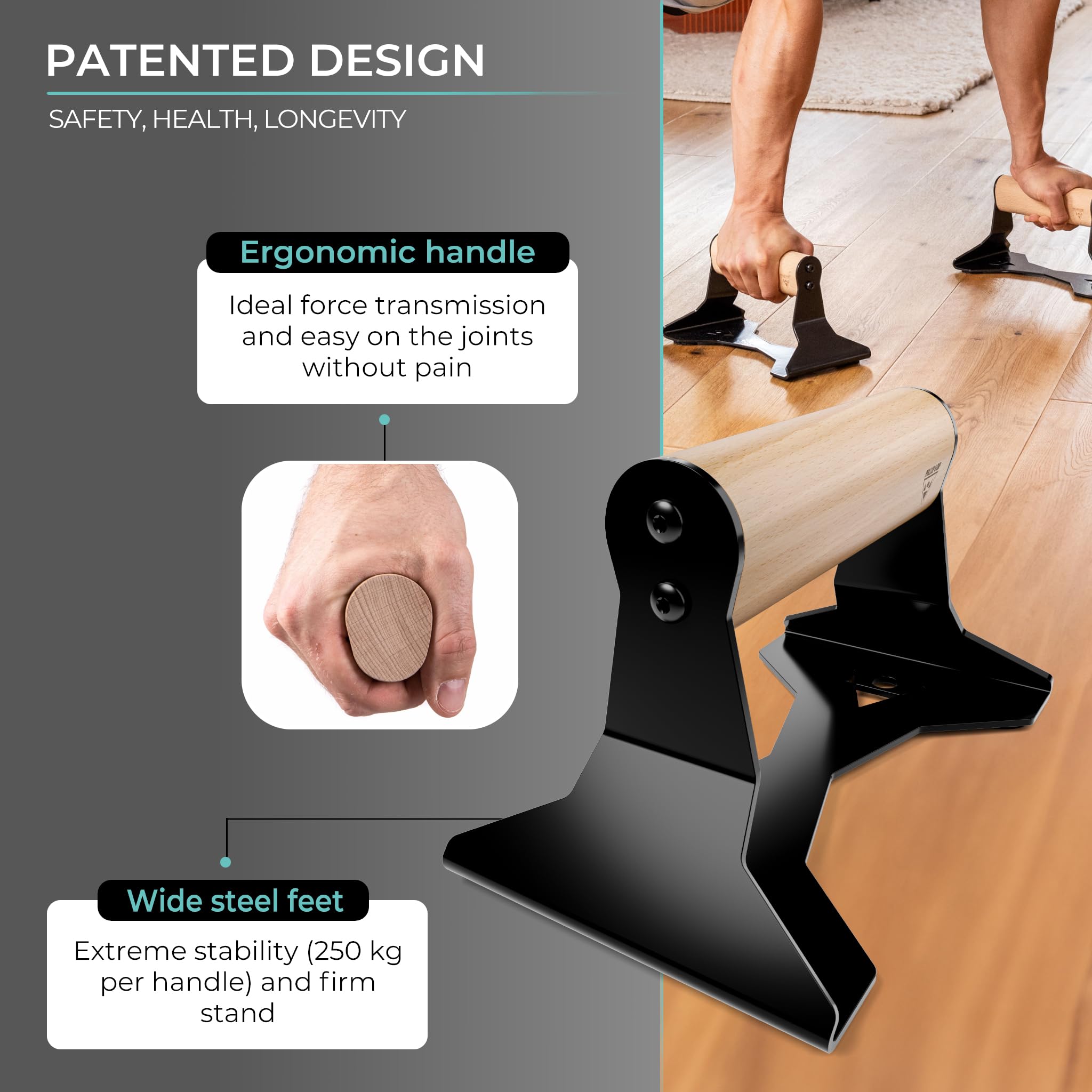 PULLUP & DIP Parallettes - Ergonomic Wooden Push Up Handles for Calisthenics