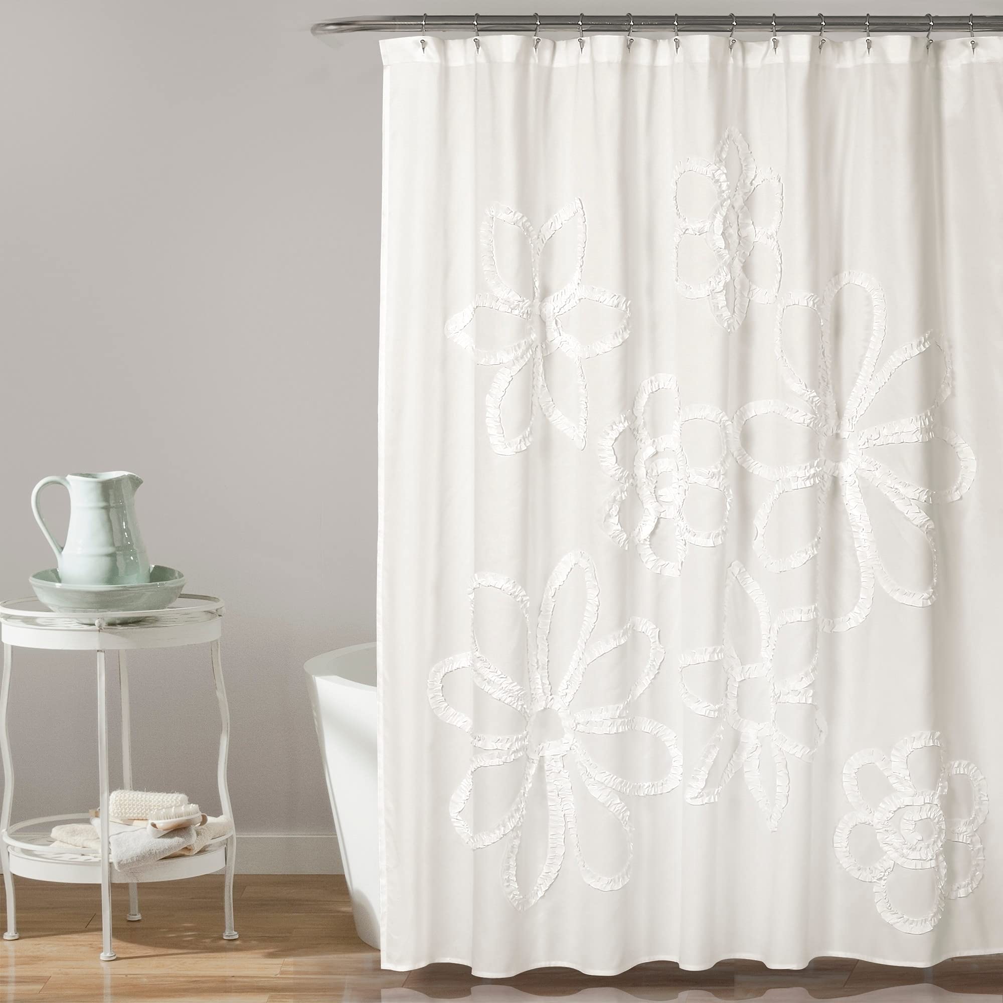 Lush Decor Ruffle Flower Shower Curtain | White Shabby Chic Floral, 72x72