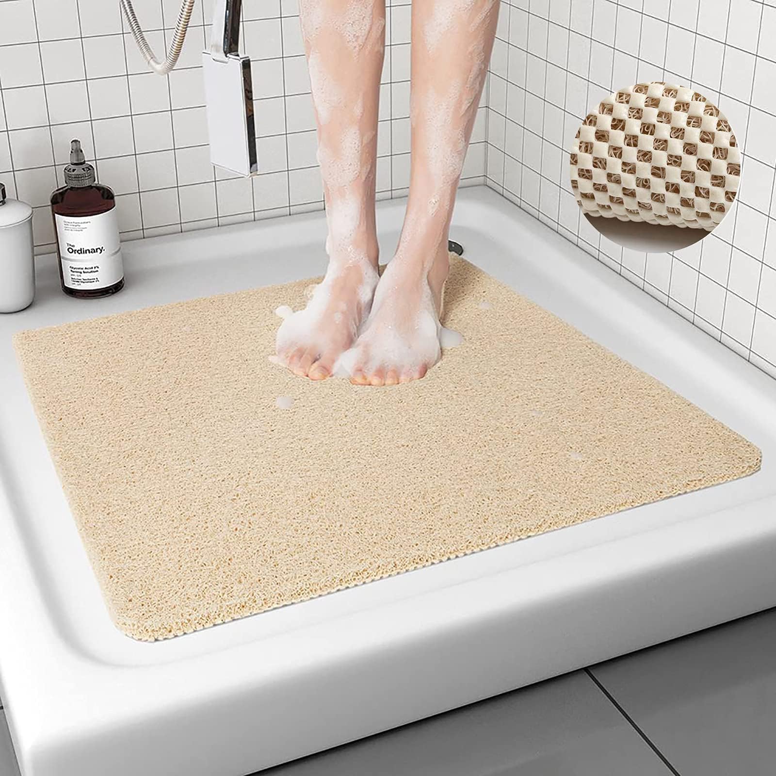 Loofah Shower Mat – 53x53cm Non-Slip Anti-Mould Beige