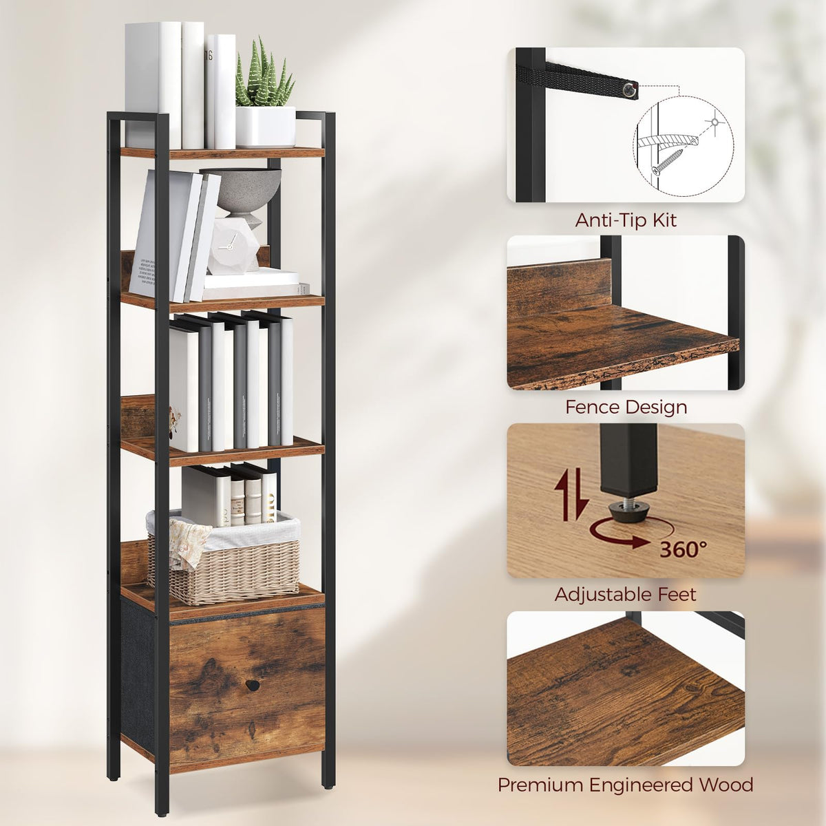 MAHANCRIS Bookshelf, 5-Tier Bookcase with Removable Drawer, Freestanding Book Shelf for Small Space, Storage Shelf Organizer, for Living Room - image 5