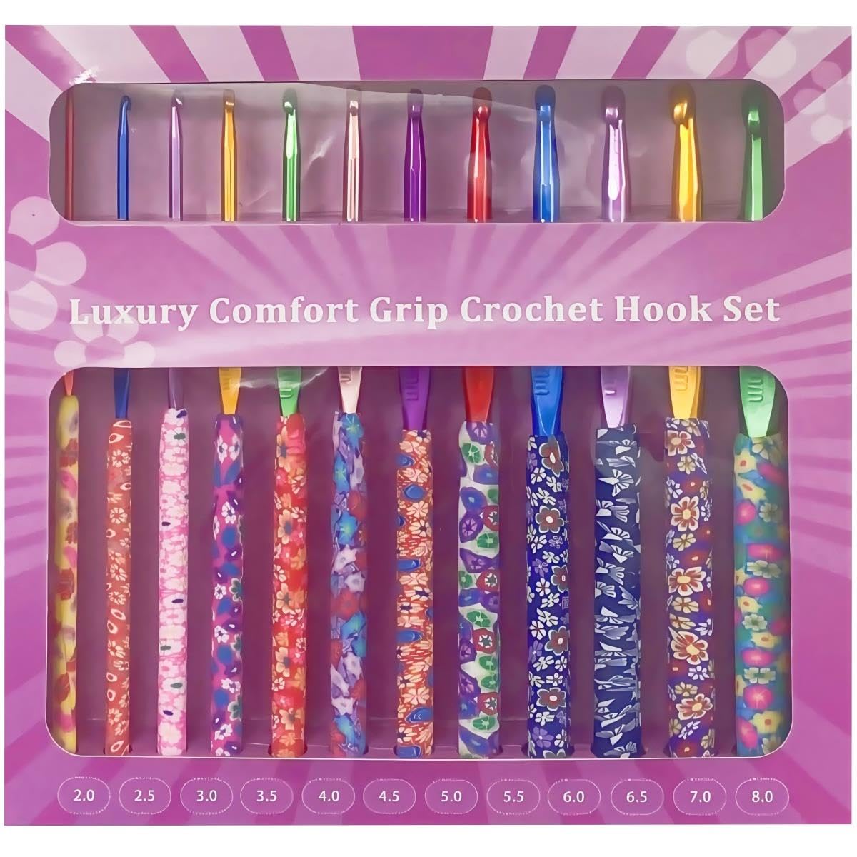 igadgitz home 12-Piece Ergonomic Crochet Hook Set (2-8mm) – Floret Pattern