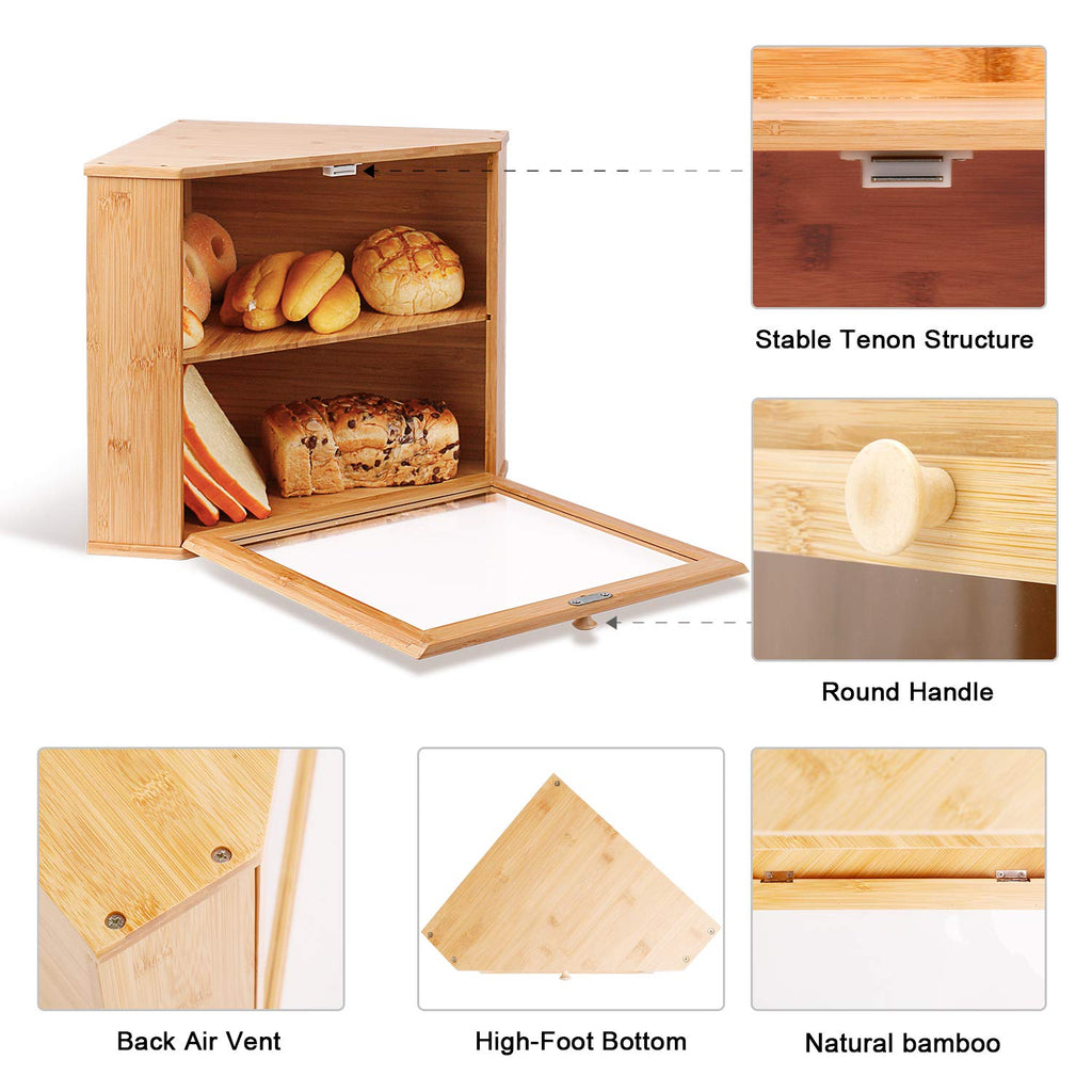 Leader Accessories Corner Bread Bin – 2-Layer Bamboo Bread Box for Kitchen