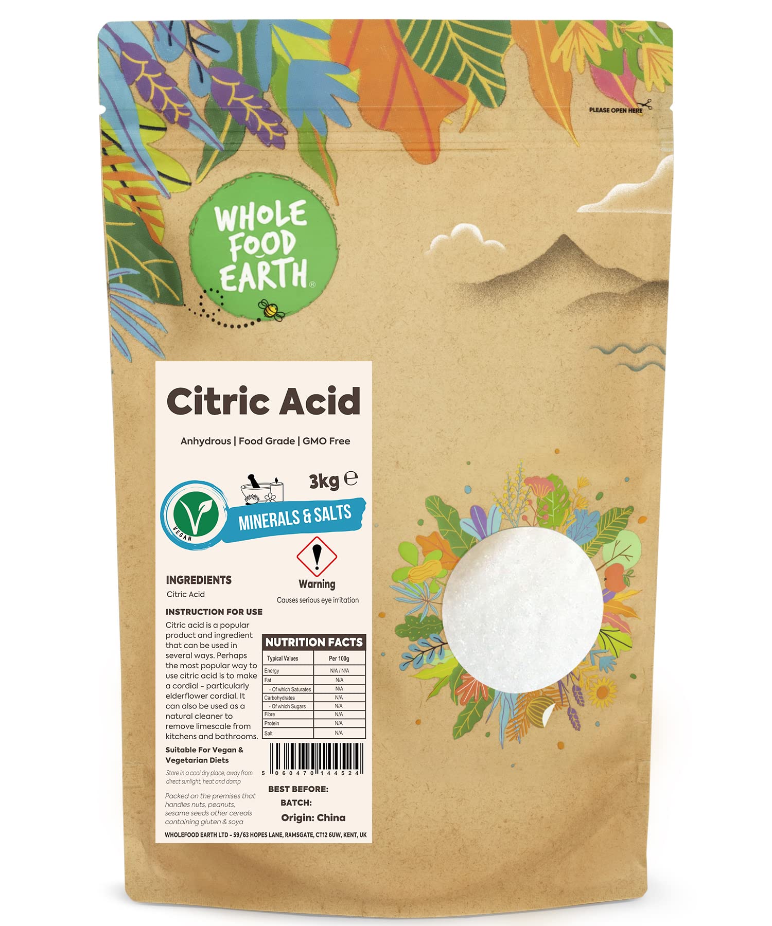 Wholefood Earth Citric Acid 3kg – Food Grade Anhydrous Natural Cleaner
