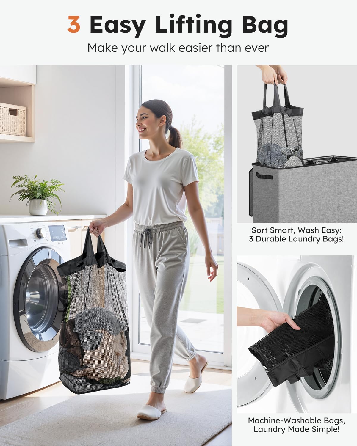 SOLEDI 180L Laundry Basket | 3 Section Large Hamper with Lid & Handles