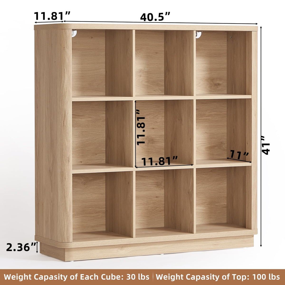 LELELINKY 9 Cube Storage Bookcase, 41" Wide Wooden Book Shelf with Thickened Base, Freestanding 3-Tier Open Book Case Unit with Curved Edge - image 3