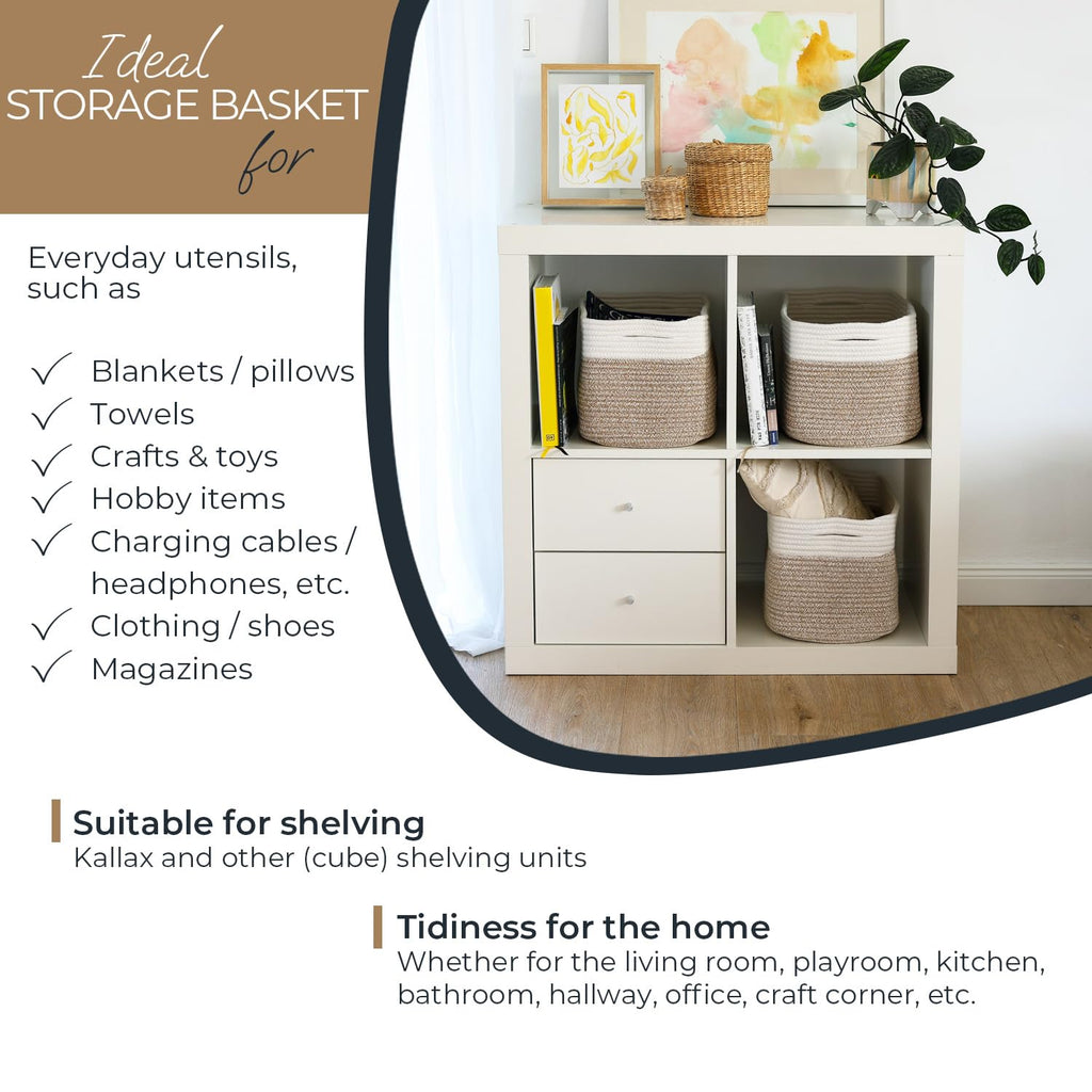 HMF Storage Basket with Hidden Handles, Set of 3, Cotton Basket, 37.5 x 25 x 22.5 cm, White/Brown - image 3