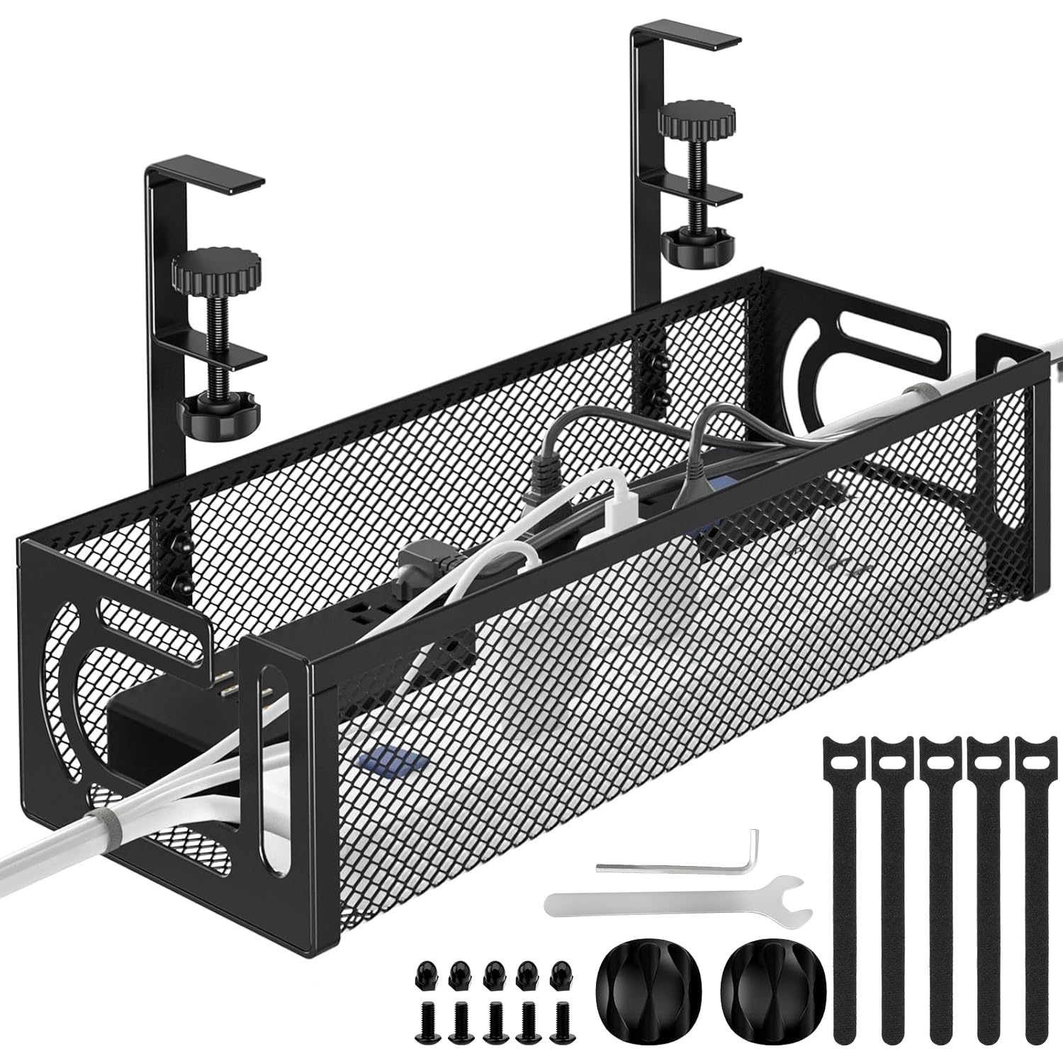 No-Drill Metal Mesh Under Desk Cable Management Tray – Black