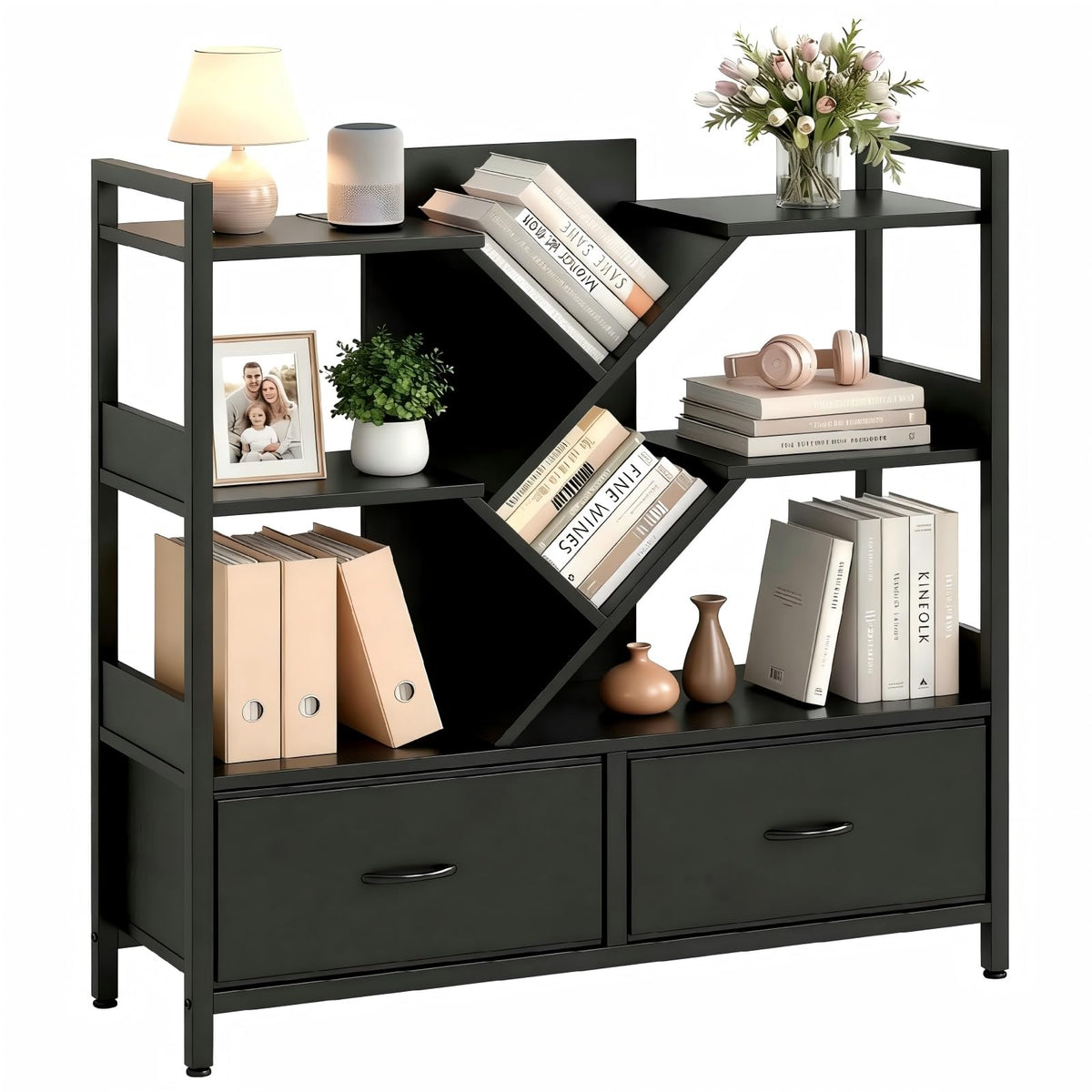 IRONCK Black Bookshelf with 2 Drawers & Wheels, Cube Bookcase 100x32x104 cm - image 1