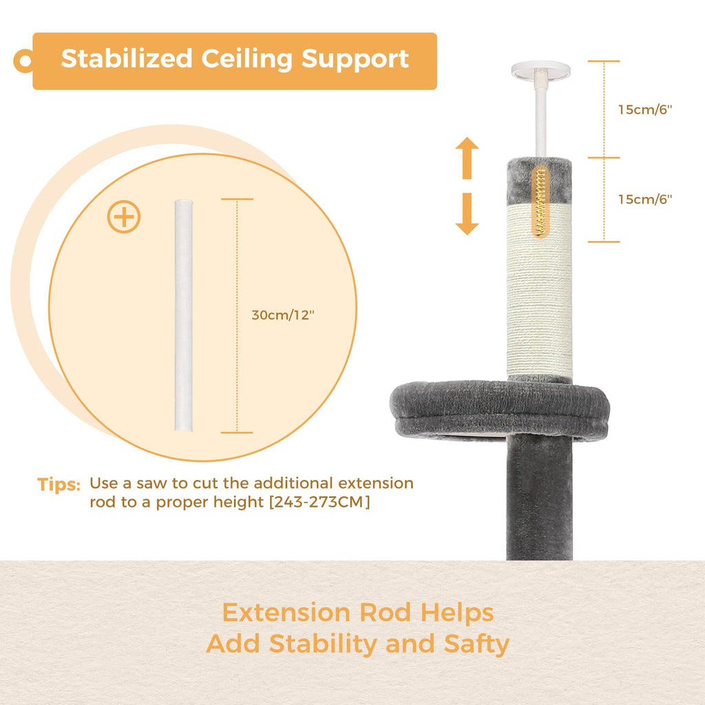 PAWZ Road 5-Tier Floor to Ceiling Cat Tree | Adjustable Height Tower - Grey