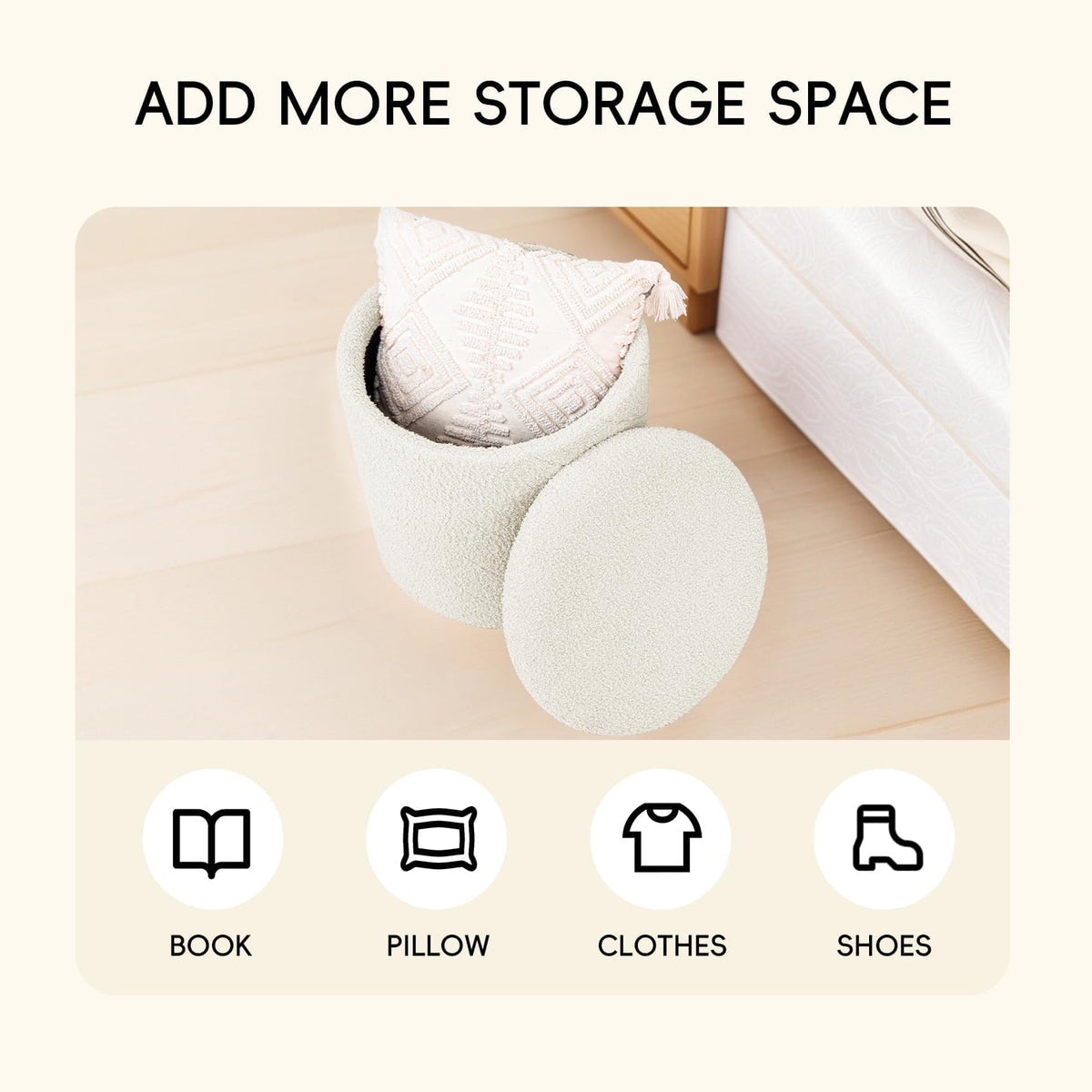 PINPLUS Round Ottoman Storage Box, Folding Stool, White, 43x43x45 cm - image 4