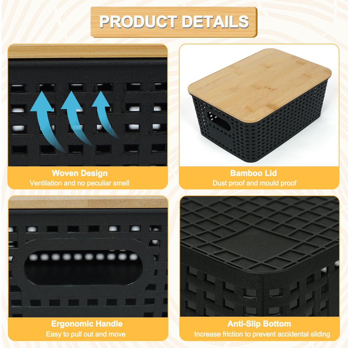 6Pcs Storage Plastic Baskets with Bamboo lids, Lidded Storage Bins - Black