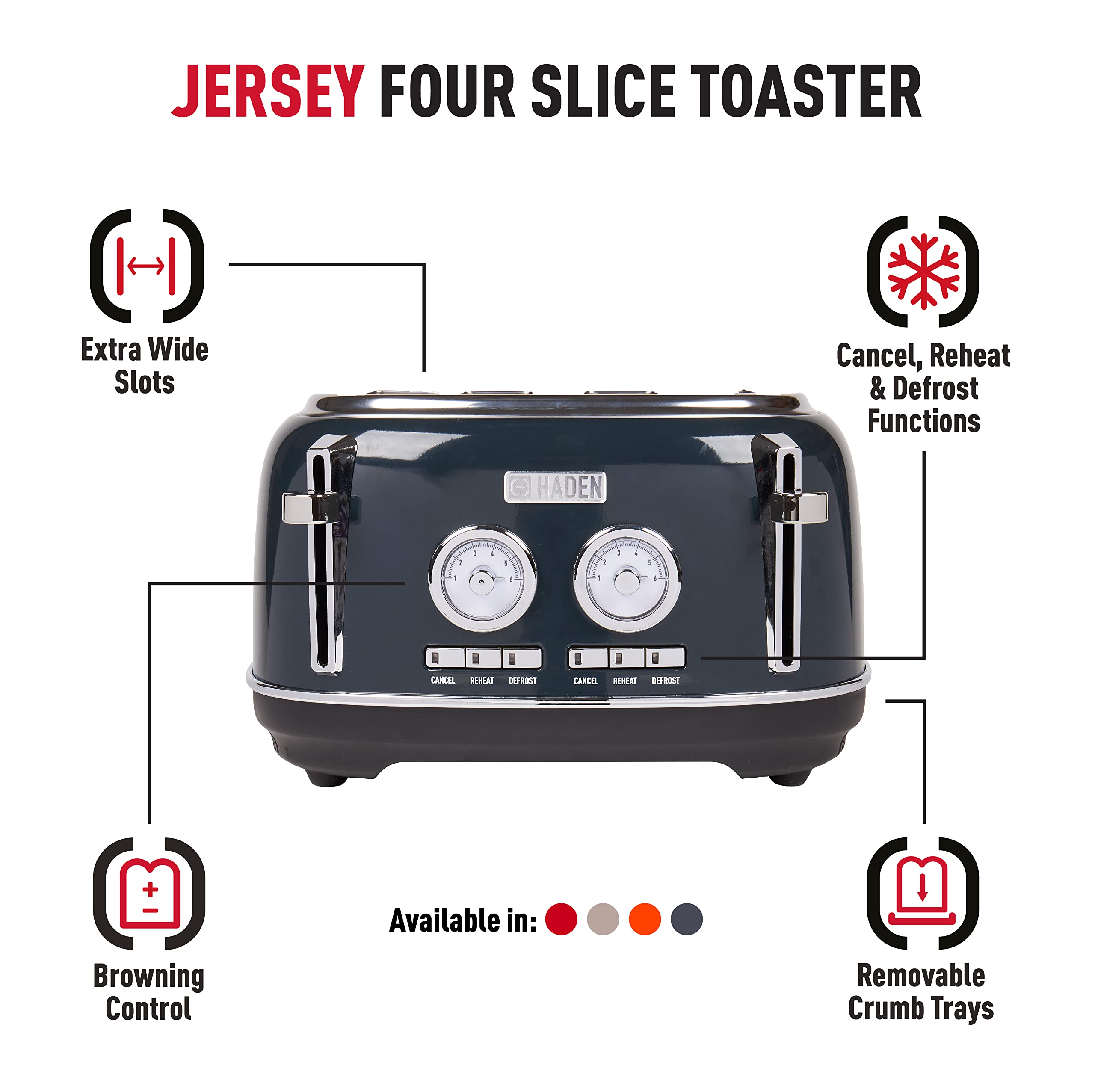 Haden Jersey 4-Slice Toaster – Steel Blue Stainless Steel Wide Slot