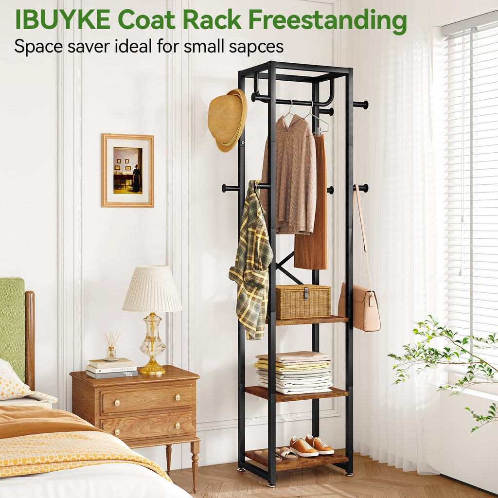 IBUYKE Industrial Coat Rack – Freestanding Hall Tree with 3 Shelves & 8 Hooks