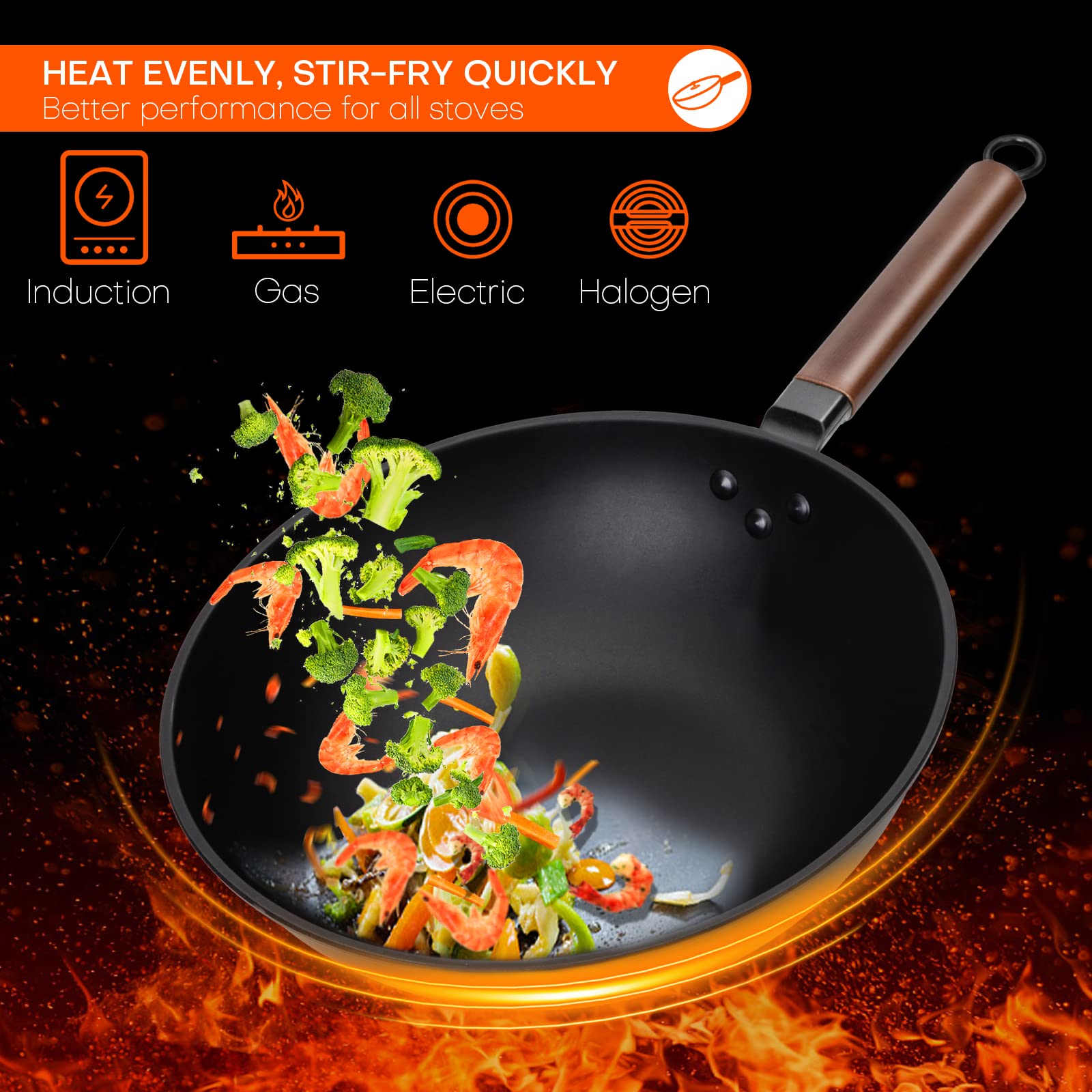 Jobin 33cm Pre-Seasoned Carbon Steel Wok with Lid | Non-Stick Frying Pan