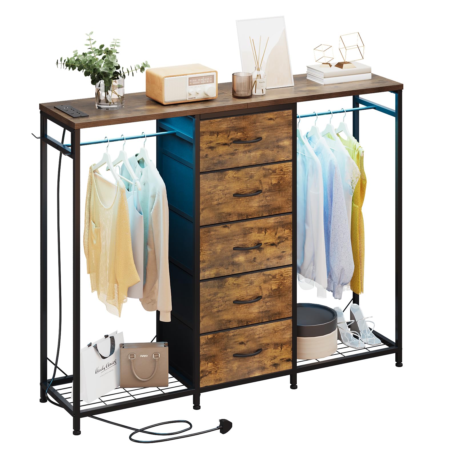 Trironsun 5 Drawer Dresser with Clothes Rack, LED Lights & Charging Station