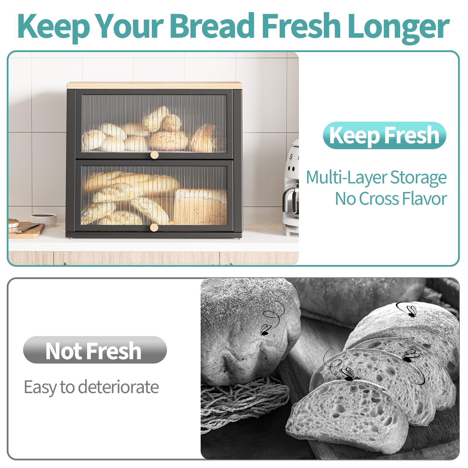 Urackify 2-Layer Large Metal Bread Box | Black Bin with Wood Handle
