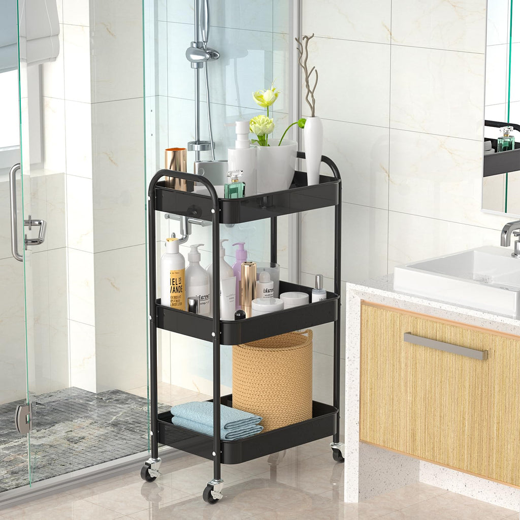 PNVXNUS 3-Tier Rolling Cart, Metal Utility Storage Carts with Wheels, Black - image 3