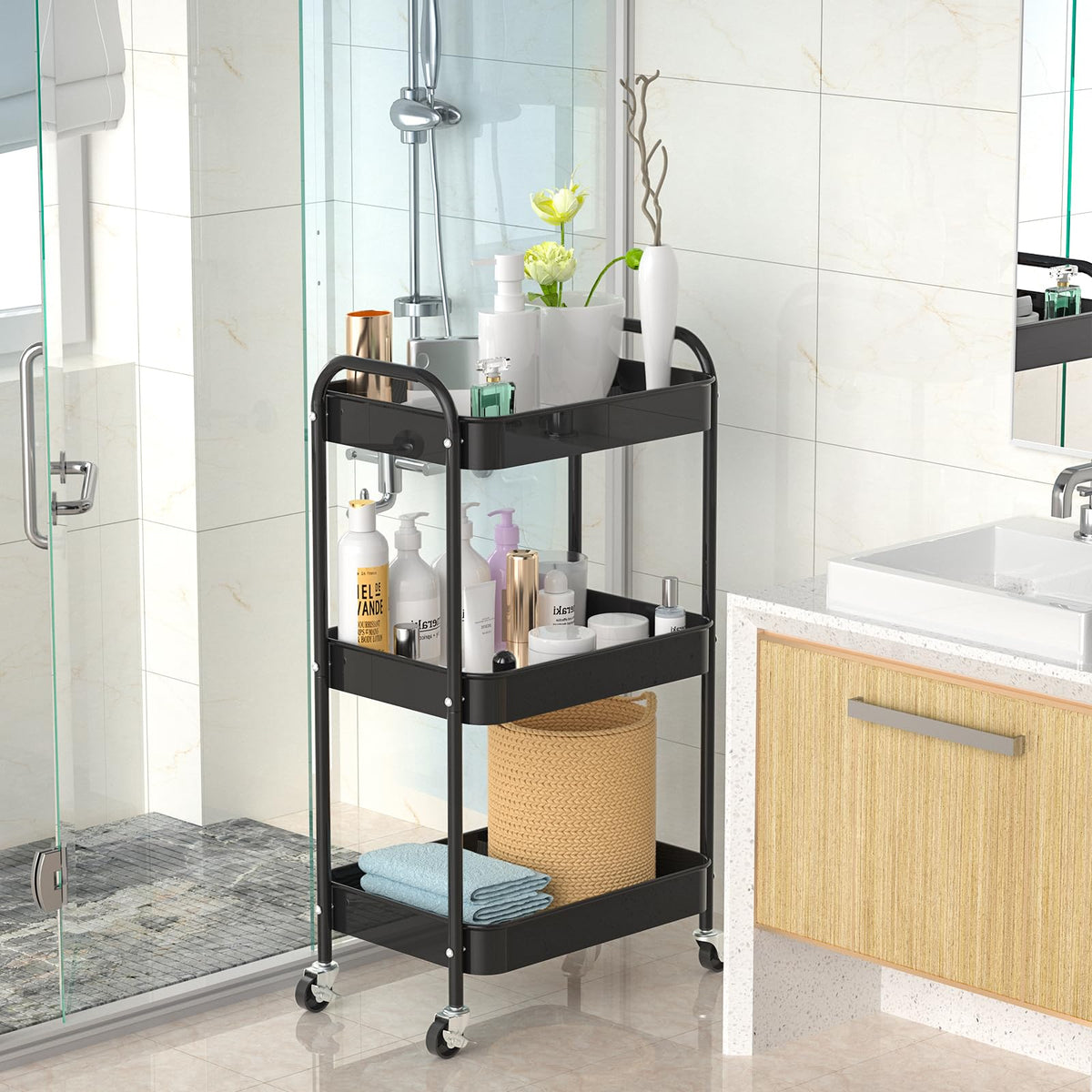 PNVXNUS 3-Tier Rolling Cart, Metal Utility Storage Carts with Wheels, Black - image 3