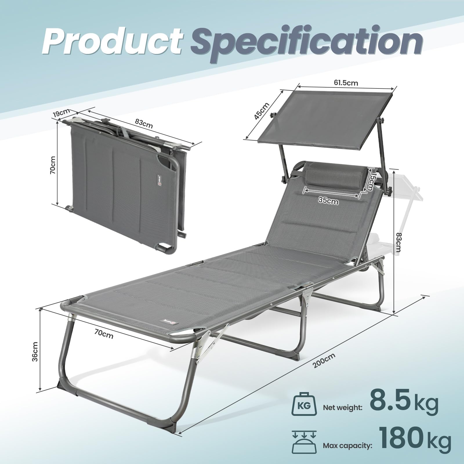Homecall XXL Aluminium Sun Lounger – Grey Quick Dry Foam Beach Bed