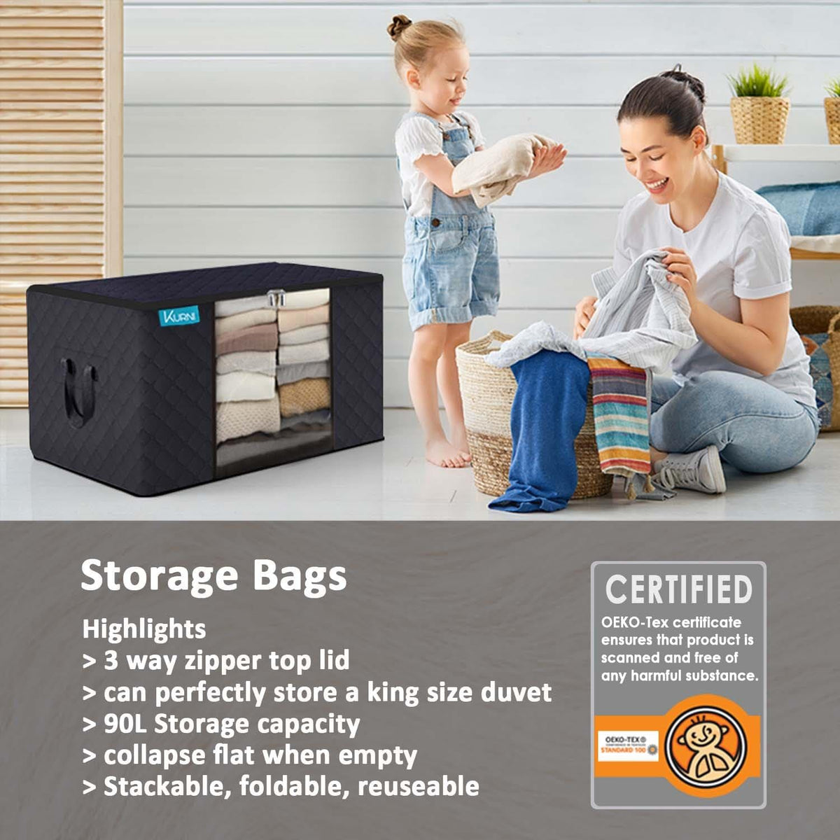 KURNI Storage Bags | Clothes Organizer Boxes, Foldable 6 Pack Black, 90L Capacity, 3 Sided Zipper Moving Large Bag. Dust & Moisture Proof - image 5