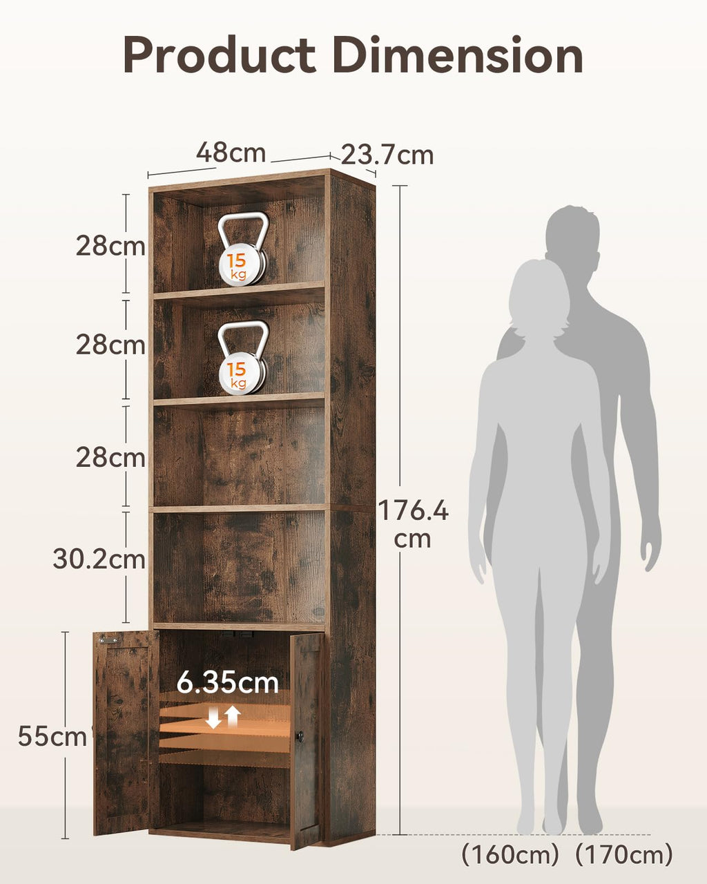 Coleshome 6-Tier Bookcase With Doors, Storage Cabinet, 176.4 cm, Brown - image 3