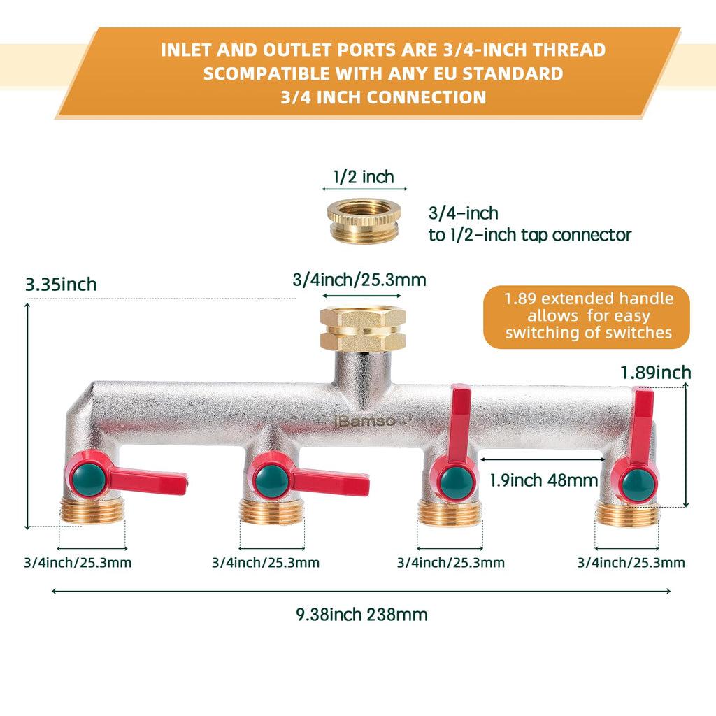 iBamso 4-Way Brass Garden Hose Splitter | 3/4 Inch Heavy Duty Tap Adapter