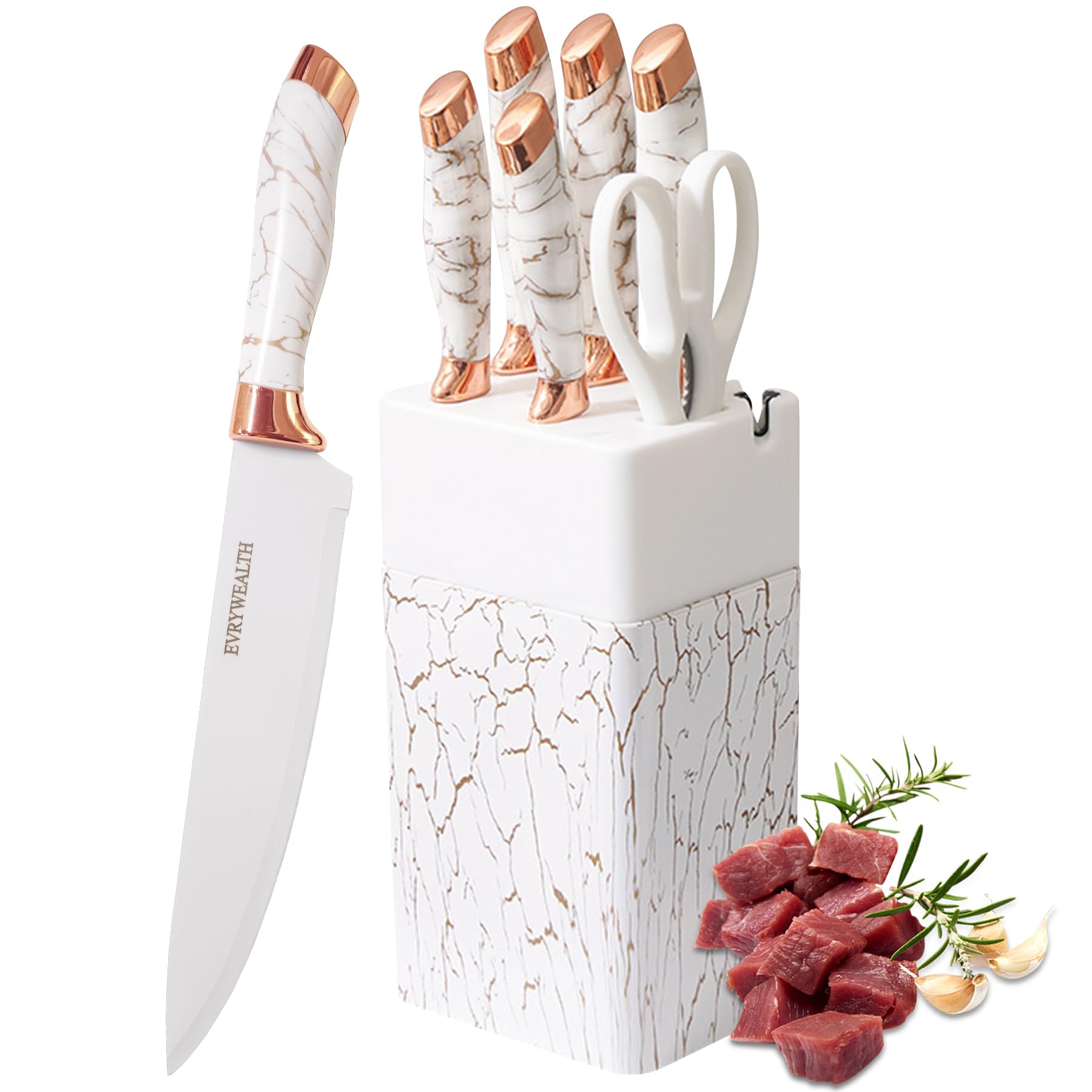 Lapelux 6-Piece Kitchen Knife Set with Block | White Stainless Steel