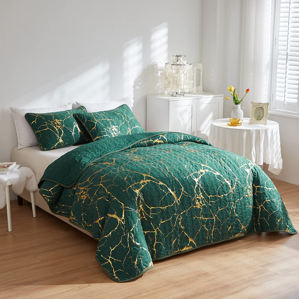 Green Gold Marble King Bedspread – Luxury Microfiber Quilt Set