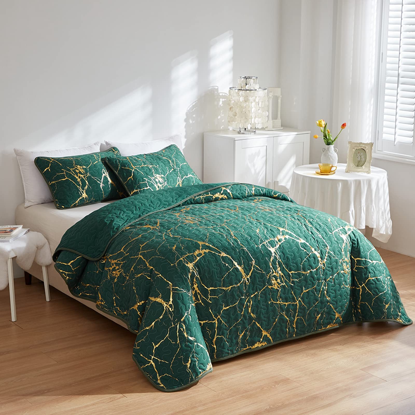 Green Gold Marble King Bedspread – Luxury Microfiber Quilt Set