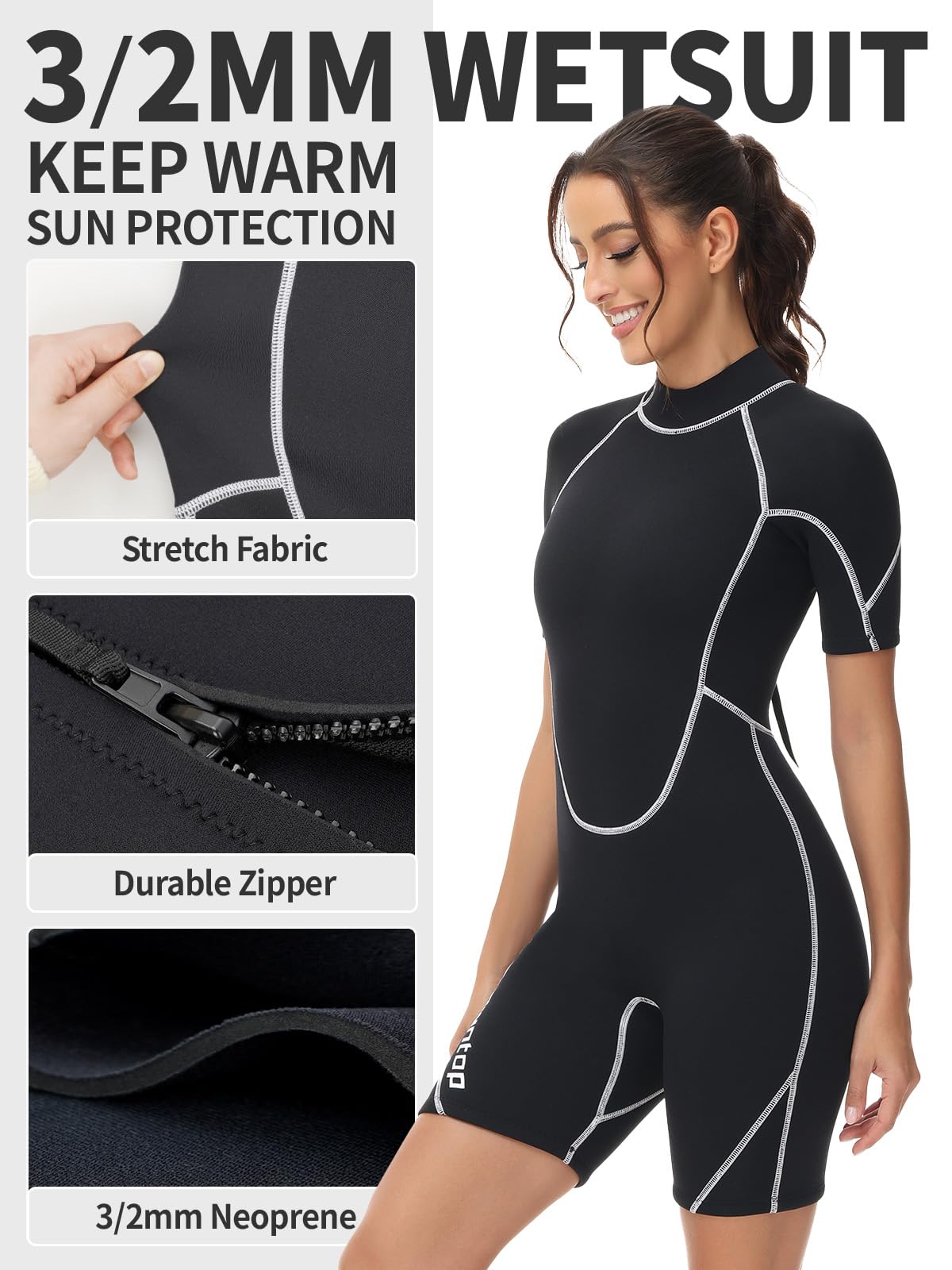 Owntop Women's 3/2mm Shorty Wetsuit | Neoprene Back Zip Diving Suit