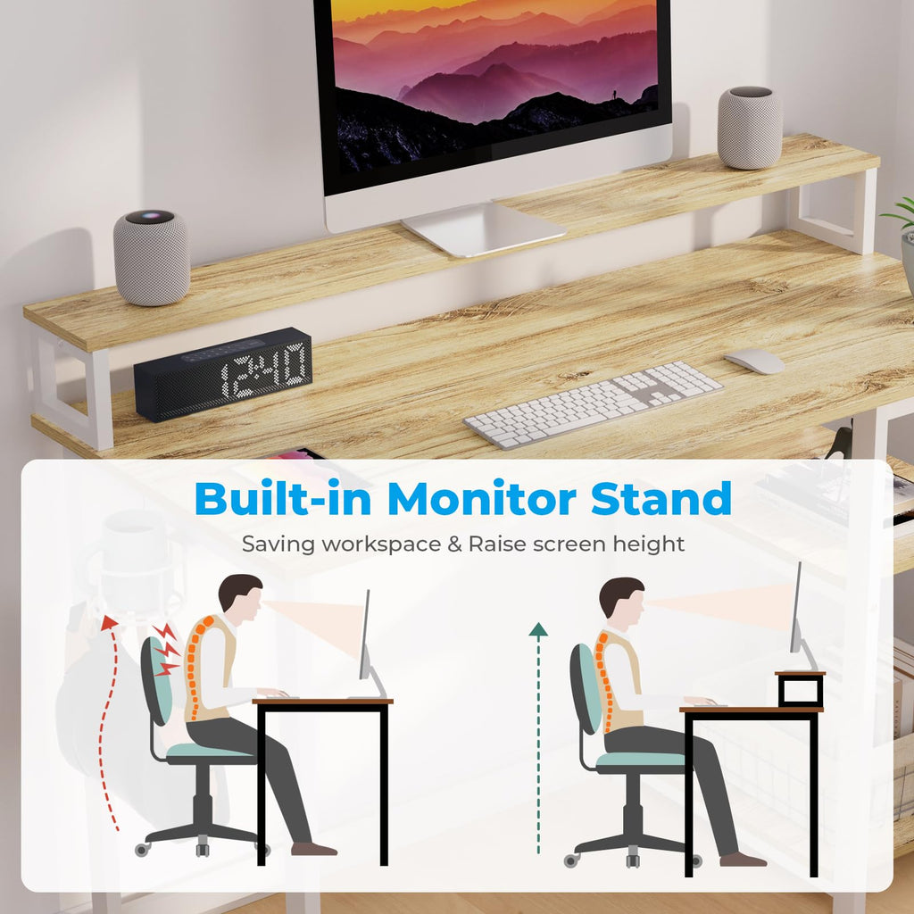 GreenForest 100cm Computer Desk with Monitor Stand & Storage Shelves