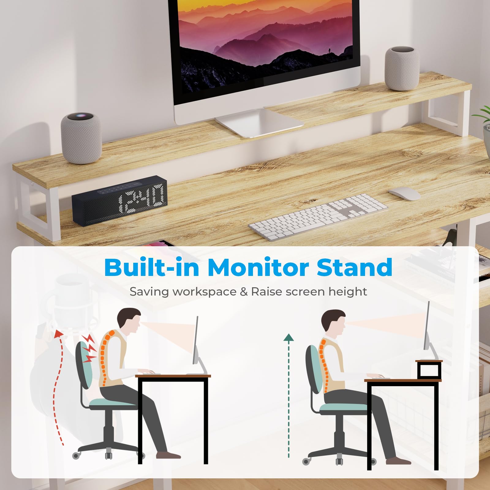 GreenForest 100cm Computer Desk with Monitor Stand & Storage Shelves