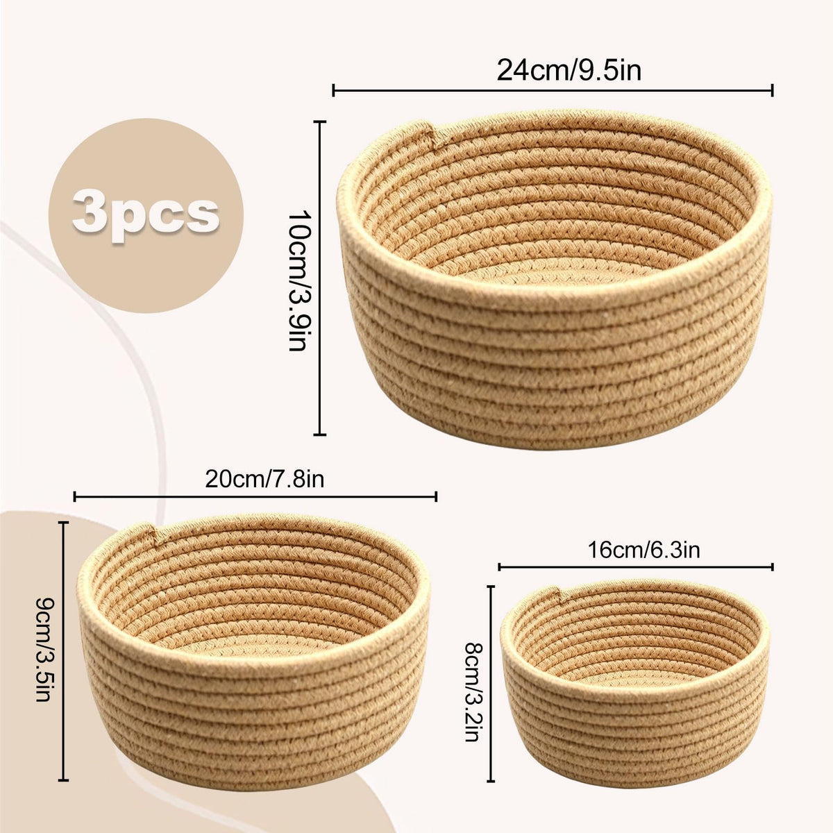 3 Pcs Small Woven Baskets, Cotton Rope Round Organizer for Shelves - image 2
