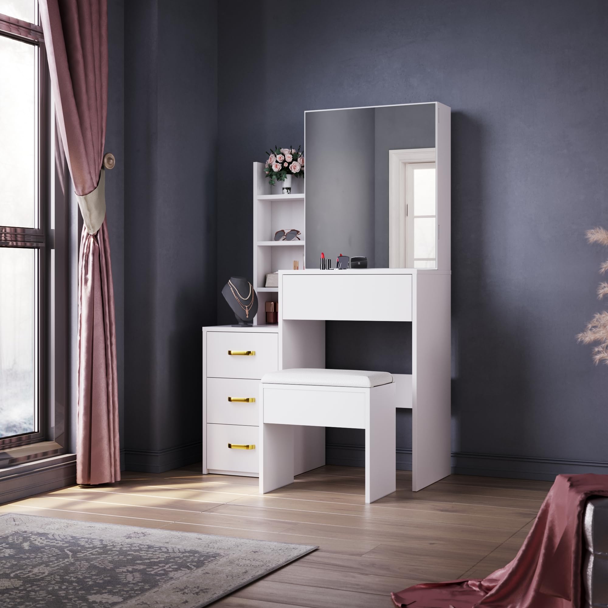 ELEGANT White Vanity Makeup Desk with Sliding Mirror, 3 Drawers & Stool