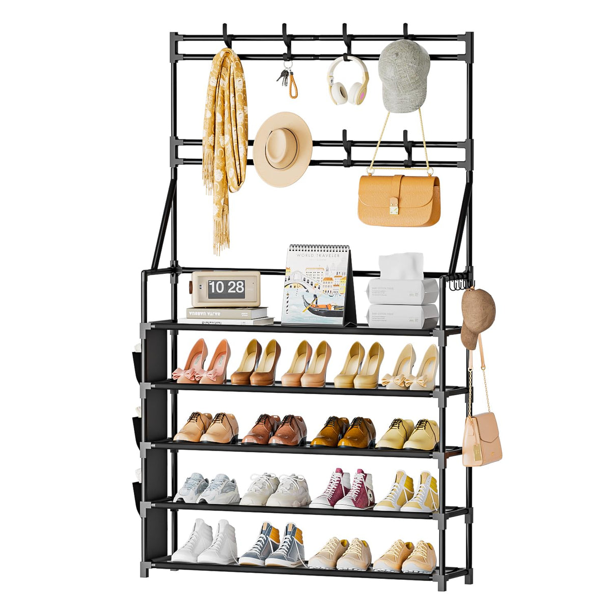 OYREL 5 Tier Shoe Rack with 8 Hooks & 3 Side Pockets for 20-25 Pairs Shoes - image 1
