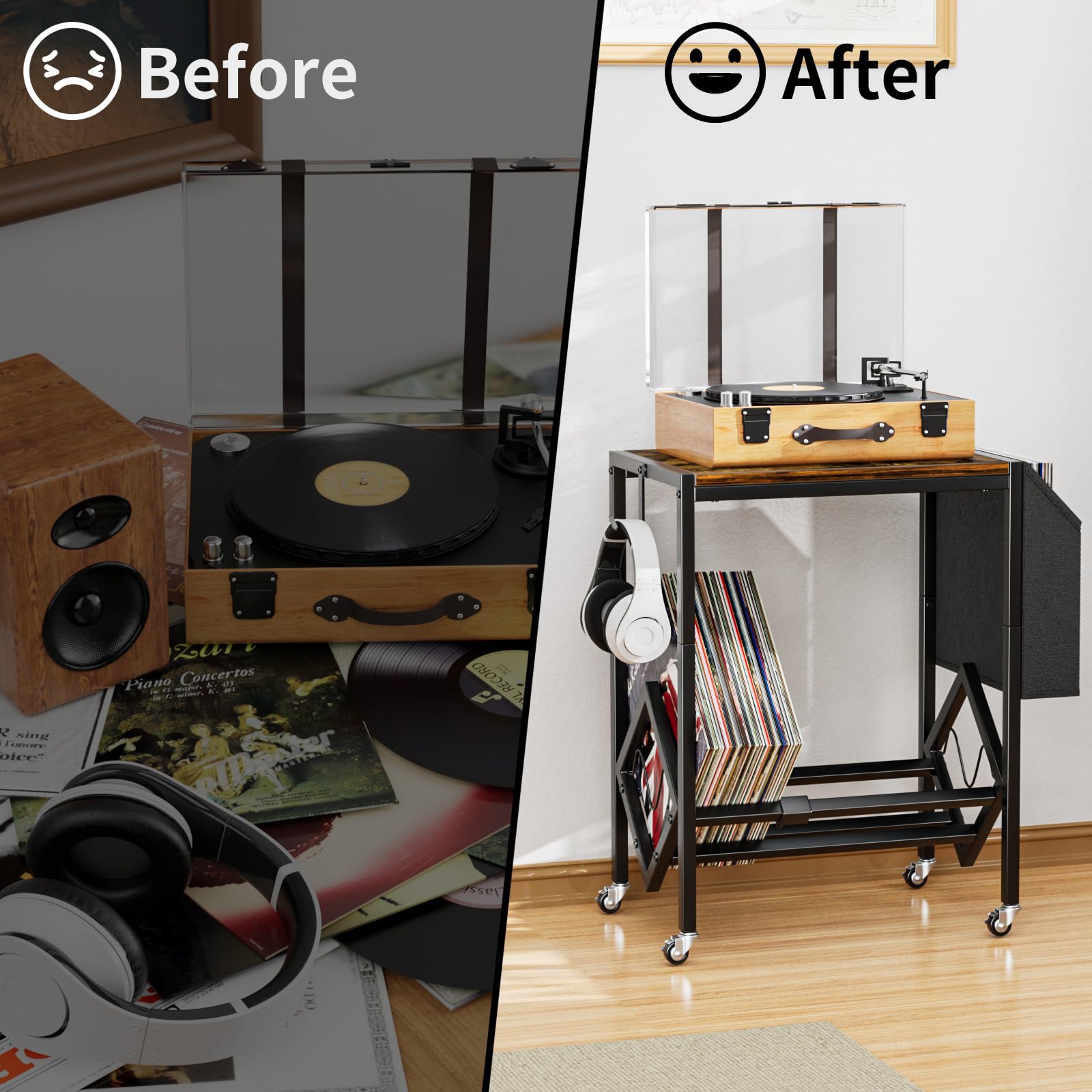 EKNITEY Vinyl Record Player Stand | Turntable Table with Wheels & Storage