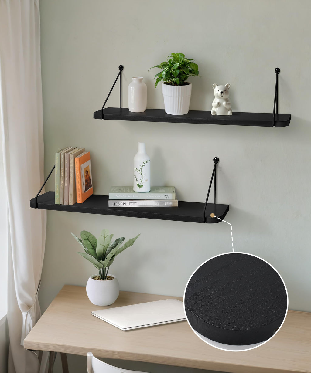 Afuly 24 Inch Black Floating Shelves | Modern MDF Wall Storage - Set of 2