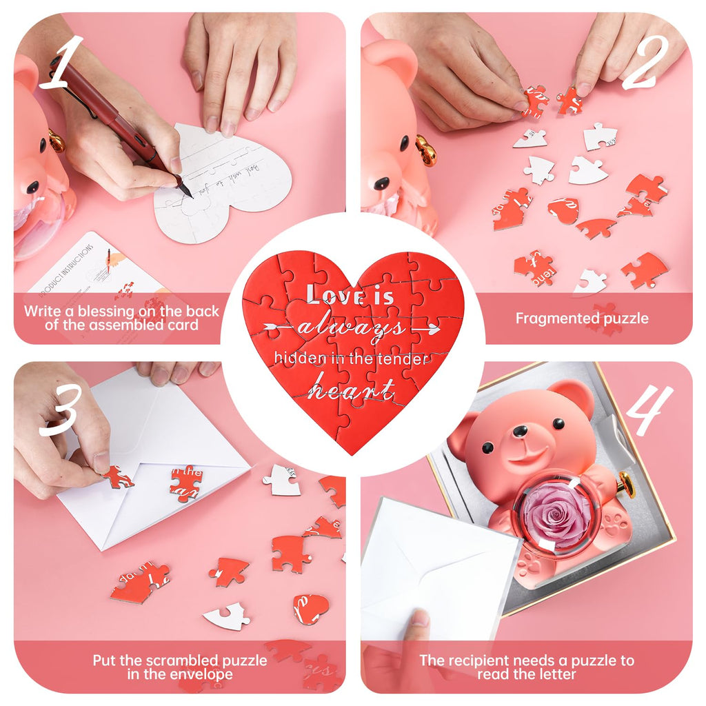 Ariceleo Pink Teddy Bear with Preserved Rose and Heart Necklace