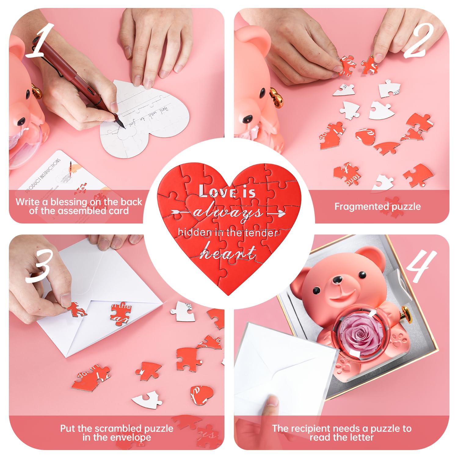 Ariceleo Pink Teddy Bear with Preserved Rose and Heart Necklace