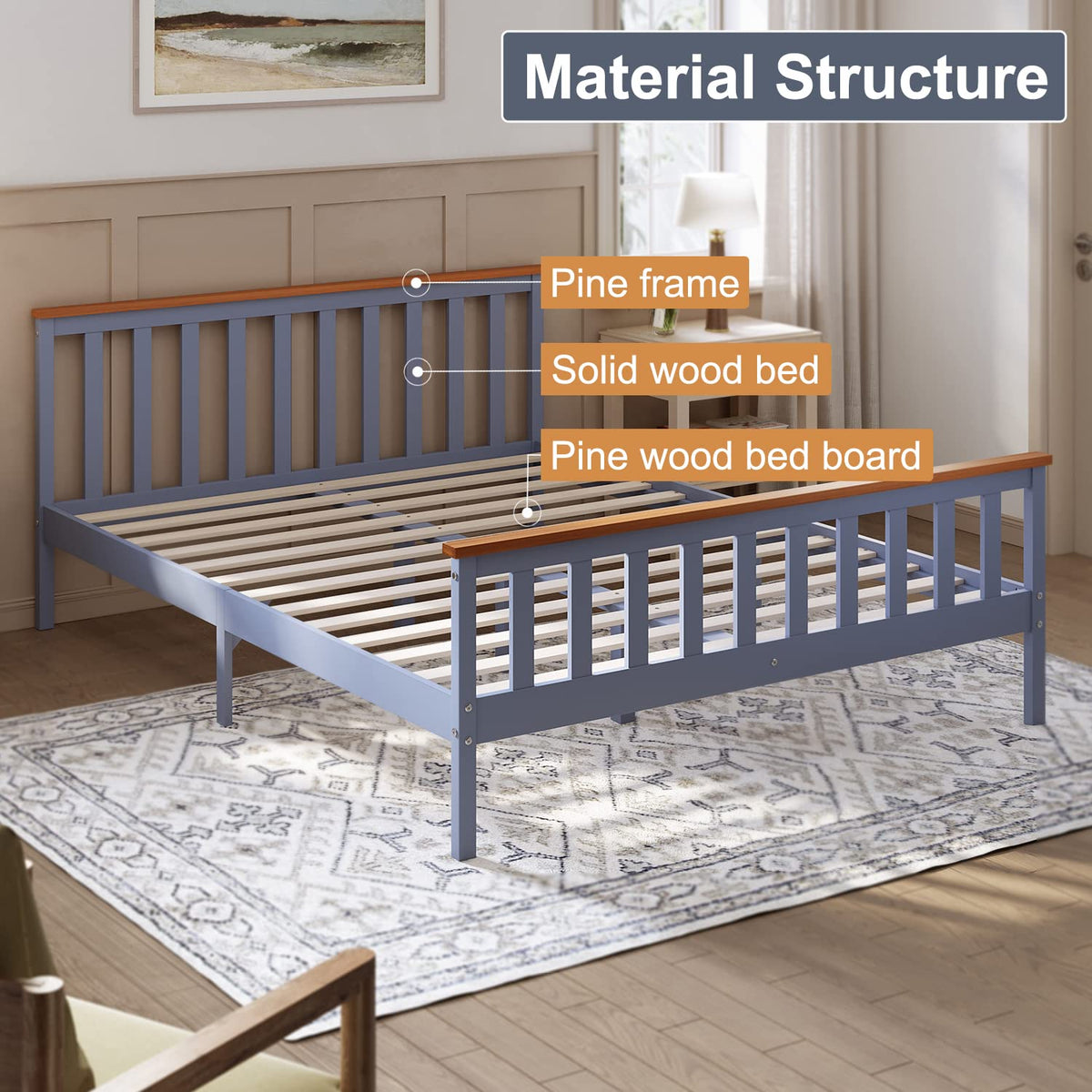 ELEGANT King Solid Wood Bed Frame with Slatted Headboard 5ft, 150x200cm - image 4